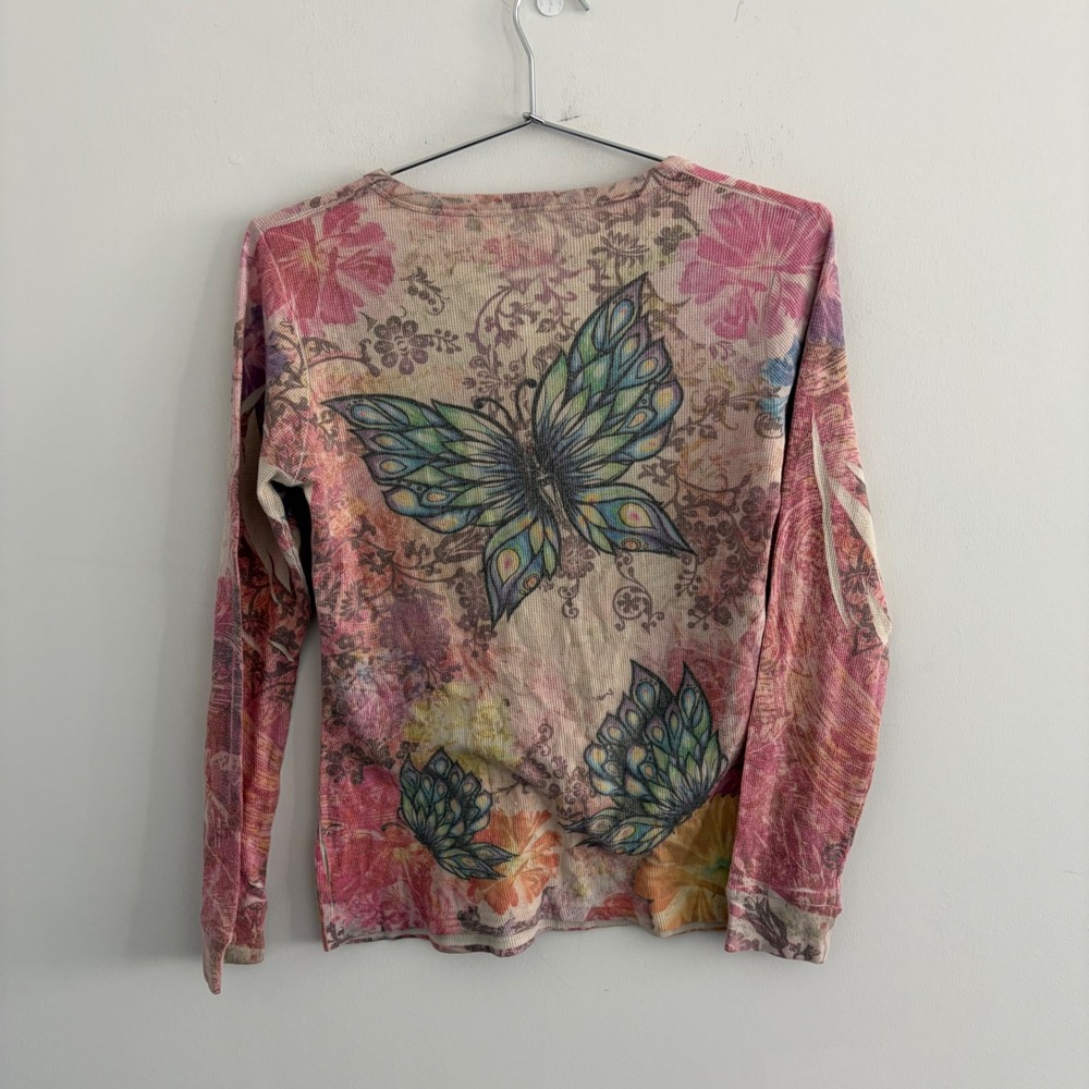 Vintage Y2K Butterfly Floral Henley Thermal Long Sleeve Top Pink Multi - Picture 2 of 4